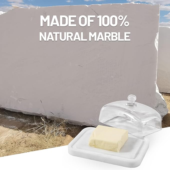 Koville White Marble Butter Dish with Lid for Countertop and Refrigerator Door Shelf, White Marble Butter Keeper, Stone Butter Dish with Lid, Airtight Butter Keeper Container, Dishwasher Safe