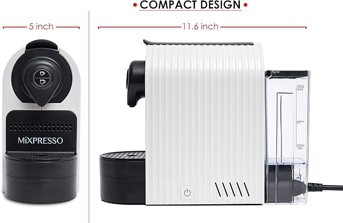 Mixpresso White Espresso Coffee Machine – Compact 1400W Single Serve Coffee Maker Compatible with Nespresso OriginalLine Capsules, One-Touch Operation, 19-Bar Italian Pump, 27oz Water Tank