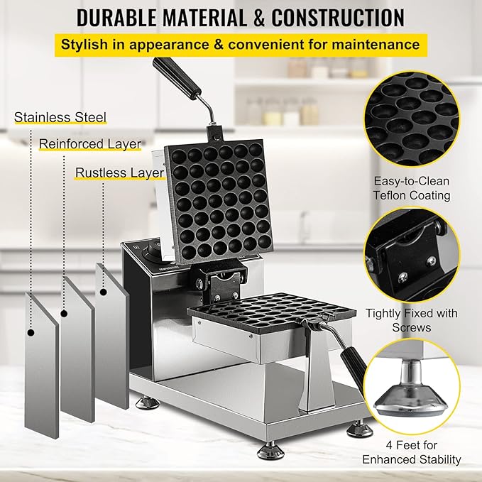 VEVOR Commercial Bubble Waffle Maker, 8" Square Mould, 1200W Egg Bubble Puff Iron w/ 360°Rotatable 2 Pans & Bent Handles, Stainless Steel Baker w/Non-Stick Teflon Coating, 50-300℃/122-572℉ Adjustable