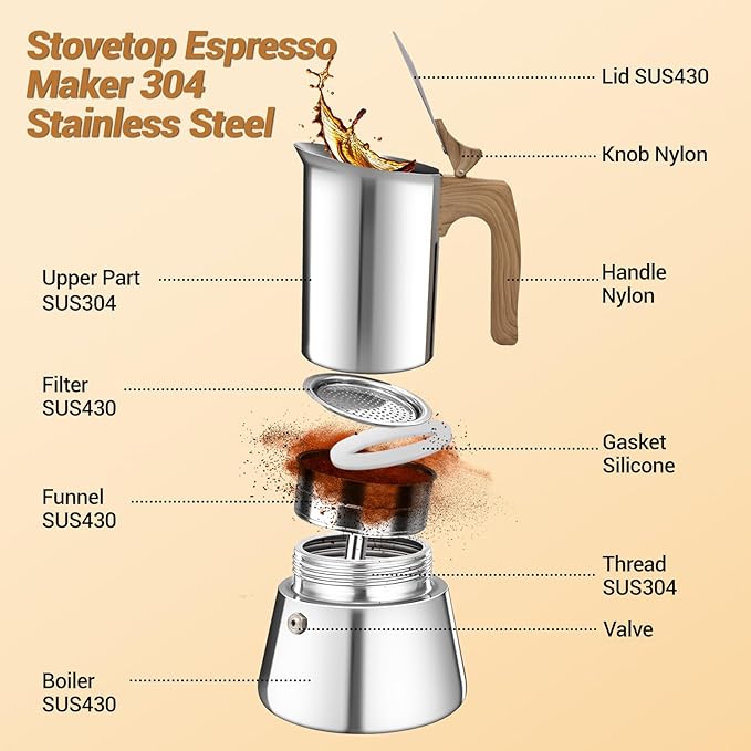 No Coating 6 Cup Moka Pot Thickened 304 Stainless Steel Stovetop Espresso Coffee Maker 300ml 10.1oz Mocha Percolator Greca Cuban Ideal for Making Rich Authentic Italian Café