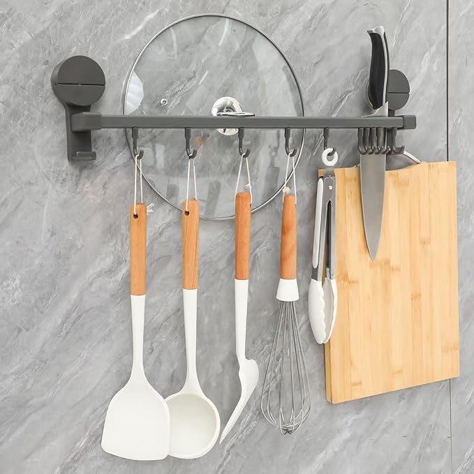 BESTOYARD Punchless Kitchen Utensil Hooks Wall Mount Rack with 10 Hooks, Adjustable Double Rod Organizer, Gray Suction Cup Holder for Cooking Tools and Measuring Cups