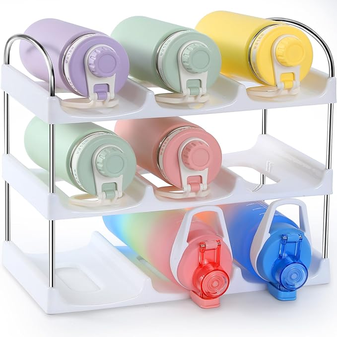 LANDNEOO Stackable Water Bottle Organizer Holder - for Stanley & Others' Large Tumbler Organization - White Plastic Wine Rack, Bottle Holder for Home Countertop Fridge Pantry Shelf, 3 Tier Hold 9