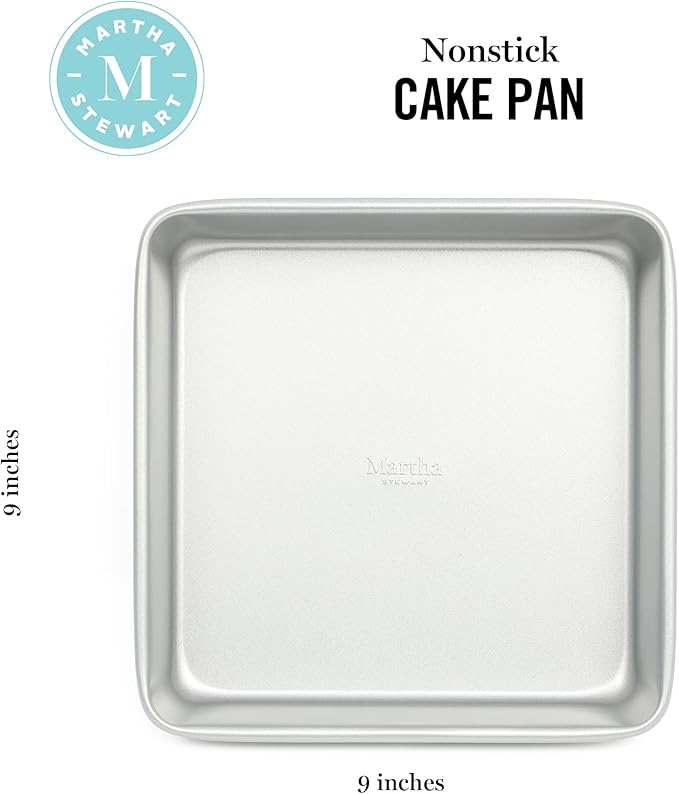 Martha Stewart Gallen 9 Inch Square Nonstick Carbon Steel Cake Pan - Silver Durable Bakeware for Cakes, Brownies & Desserts