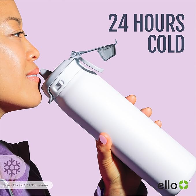 Ello Pop & Fill 32oz Stainless Steel Water Bottle with Quick Fill Technology, Double Walled and Vacuum Insulated Metal, Leak Proof Locking Lid, Sip and Chug, Reusable, BPA Free, Rosy Skyline