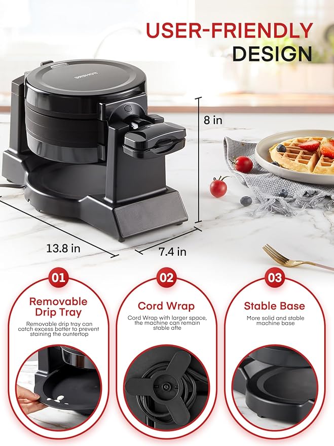 Waffle Maker, 1400W Double Belgian Waffle Iron 180° Flip, 8 Slices in 3 Mins, Rotating & Nonstick Plates, Anti-Scald, Removable Drip Tray Easy to Clean, Cool Touch Handle, Space-Saving Storage(Black)
