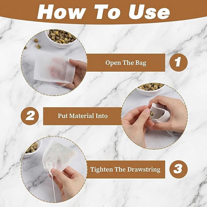 100Pcs Tea Bags for Loose Leaf Teas, Disposable Tea Bags, Disposable Non-Woven Filter Bag with Drawstring for Herbal, Coffee, Spice(3.15x3.94Inch)