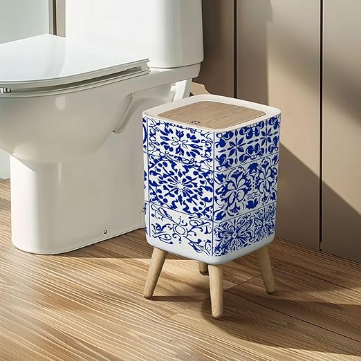 Small Trash Can with Lid Set 16 Tiles Azulejos Blue White Original Traditional Portuguese Spain Wastebasket with Press Cover Dog Proof Garbage Can Waste Bin for Kitchen Bathroom Nursery 2.6 Gallon