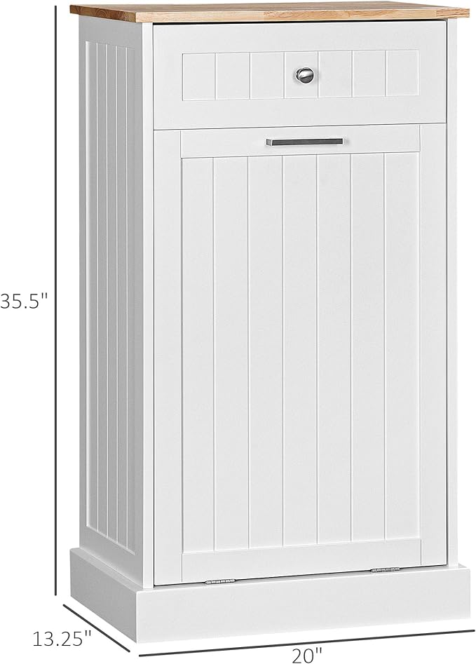 HRVEOCEI Single Tilt Out Trash Can Cabinet for 10 Gallon, Trash Can Holder Cabinet with Drawer, Farmhouse Garbage Cabinets for Kitchen Living Room, Easy to Clean (White + Wood)