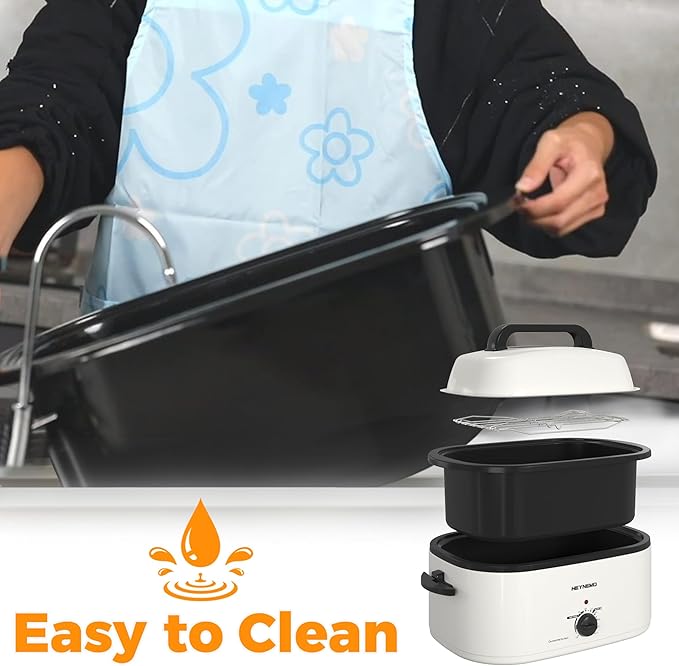 26Qt Turkey Roaster Oven Buffet with Self-Basting Lid, 1450W Stainless Steel Electric Roaster Oven with Cool-Touch Handles, Removable Pan and Rack, White