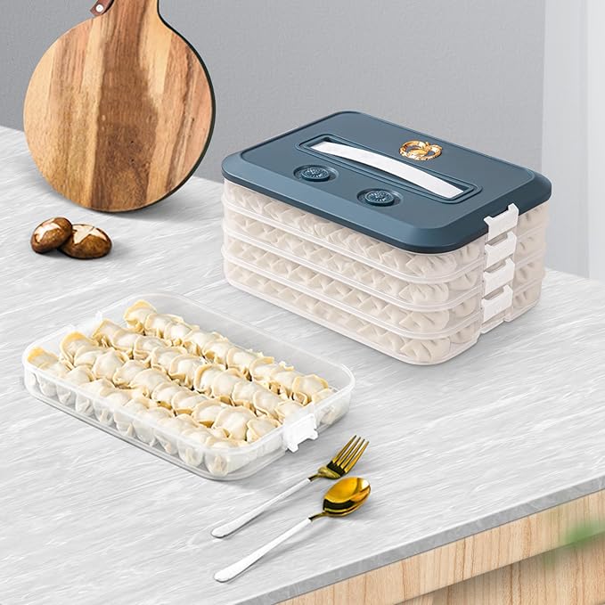Food Storage Containers with Lids, Plastic Cookie Storage Containers Airtight, 4-Layer Stackable Food Containers Dumpling Storage Box, Blue