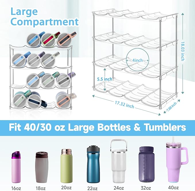 Stackable Water Bottle Organizer for Stanley 40 oz Tumbler, Larger Water Bottle Holder for Kitchen Cabinet, Pantry Organizers and Storage for Stanley Cup and Tumbler Organizer, Hold 16 Bottles