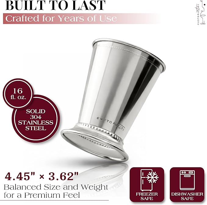 Gusto Nostro Mint Julep Cups Set of 4 - Stainless Steel Julep Cup Kit with Straws, Muddler, Spoon,Recipes, Vases - Southern-style Cocktail Glasses for Home Bar - Stainless Steel Cocktail Cups (Silver)