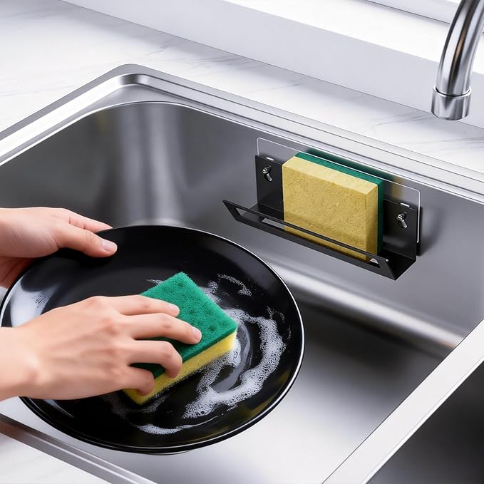 Sponge Holder for Kitchen Sink with Suction Cups & Adhesive Hook, Rustproof In-sink Sponge Holder, Space-saving Wall Hanging Sink Caddy Organizer Rack - Sponge, Dish Cloth, Brush- 2 Pack