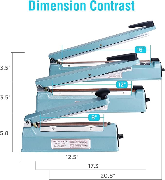 METRONIC Impulse Sealer 8 inch, Manual Heat Sealer Machine for Plastic Bags, Shrink Wrap Bag Sealers Heavy Duty Sealing Machine With Repair Kit, Blue(Pack of 6)