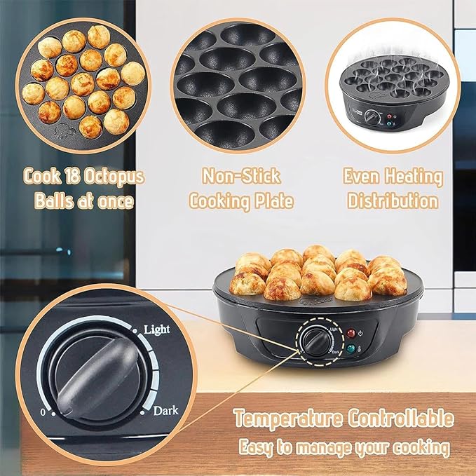 Electric Takoyaki Machine,18 Holes Temperature Control,750W Non-stick Kitchens,for Making Takoyaki Donut Holes & Cake Pops
