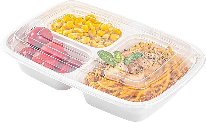 Restaurantware Asporto 26 Ounce Compartment Take Out Boxes, 100 Microwavable Meal Prep Containers - 3 Compartments, With Clear Plastic Lids, White Plastic Food Containers, Do Not Contain BPA