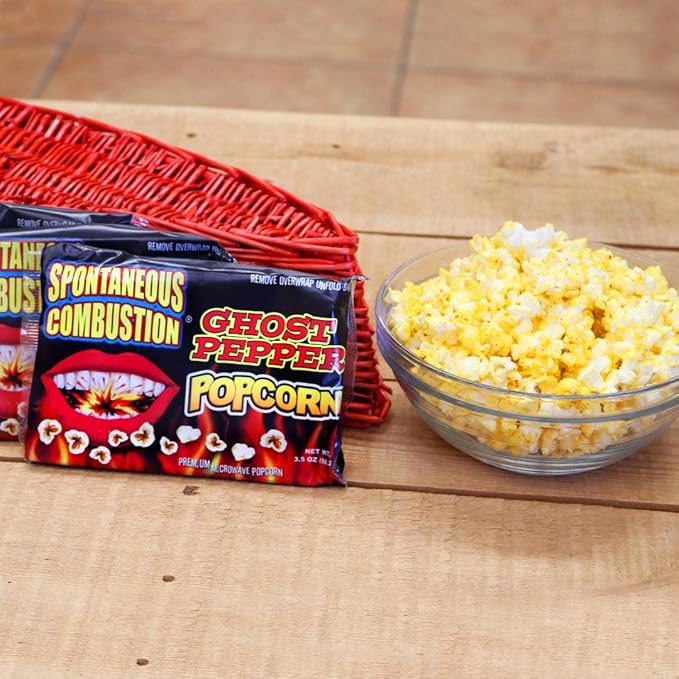 Spontaneous Combustion Ghost Pepper Microwave Popcorn Bags - 12 Pack - Ultimate Spicy Gourmet Popcorn - Perfect Hot Movie Theater Popcorn for Home - Try if you dare!
