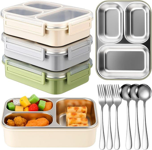 3 Pack Stainless Steel Lunch Box for Kids 25oz 3 Compartment Leak-proof Metal Bento Box with Lid Fork Spoon Meal Prep Snack Container for Adults Office Outdoor Gym, Dishwasher Safe