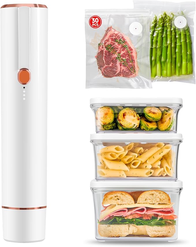 Vixino Vacuum Sealer for Food, Compact Handheld Vacuum Sealer Machine with 30 Reusable Bags & 3 Containers, Seals Liquids & All Foods, Portable for Sous Vide, Travel,Camping, Kitchen, Gifts