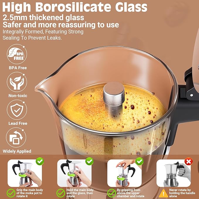 Induction Moka Pot, 4 Cups (7.1 oz) Crystal Glass-Top & Stainless Steel Moka Pot, Classic Stovetop Espresso Maker, Silver