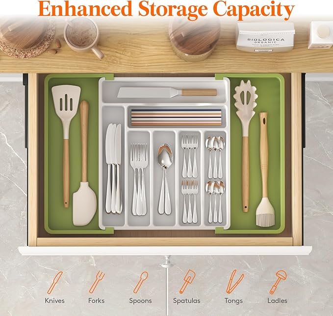 Lifewit Utensil Organizer for Kitchen Drawer, Expandable Cooking Silverware Tray, Adjustable Cutlery Flatware Holder, Plastic Spatula Tools Storage Divider, 13-22.4 x 15", Green&White