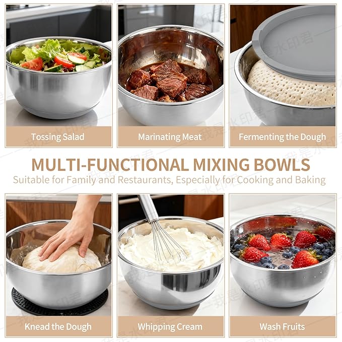 Deedro Premium Mixing Bowls with Airtight Lids Set, 22Pcs Thicker Stainless Steel Mixing Bowl Set, Large Prep Metal Bowls, Non-Slip Silicone Base Nesting Bowls for Kitchen, 1.5/2/3/4/5 QT, Gray