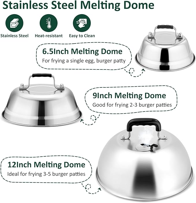 3Pcs Basting Cover & Smash Burger Press, Leonyo 12"- 9"- 6.5" Cheese Melting Dome, Stainless Steel Bacon Press Griddle Dome Steam Lids Smash Burger Kit for Kitchen, BBQ Flat Top Grill, Teppanyaki