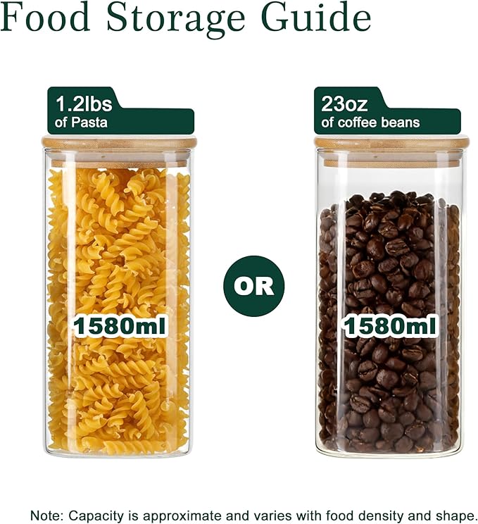 LIBWYS Kitchen Glass Jars Set with Bamboo Lids for Storage (1pcs - 1.67Qt) - Stackable Square Food Jars for Pantry Organization, Coffee, Flour, Snacks, Tea | Kitchen Canisters Set