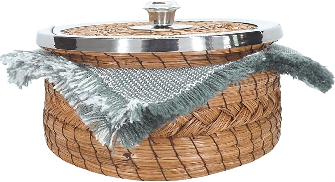 Authentic Mexican Tortilla Warmer Basket - Pine Needle Handwoven with Handloomed Cloth (8" metal Rim w cloth)
