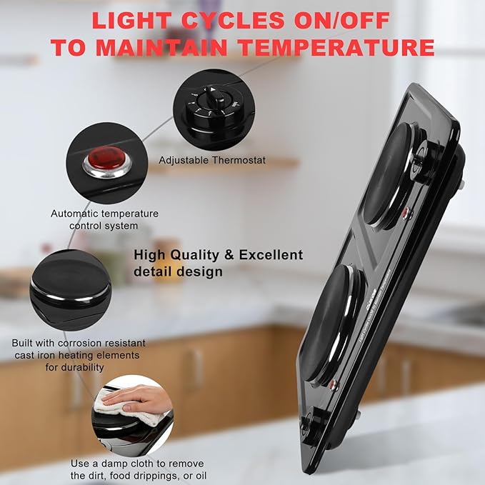Double Burner Electric Hot Plate, 1800W Cast Iron Heating with Adjustable Temperature Control, Stainless Steel Body for Home, Dorm & Commercial Use