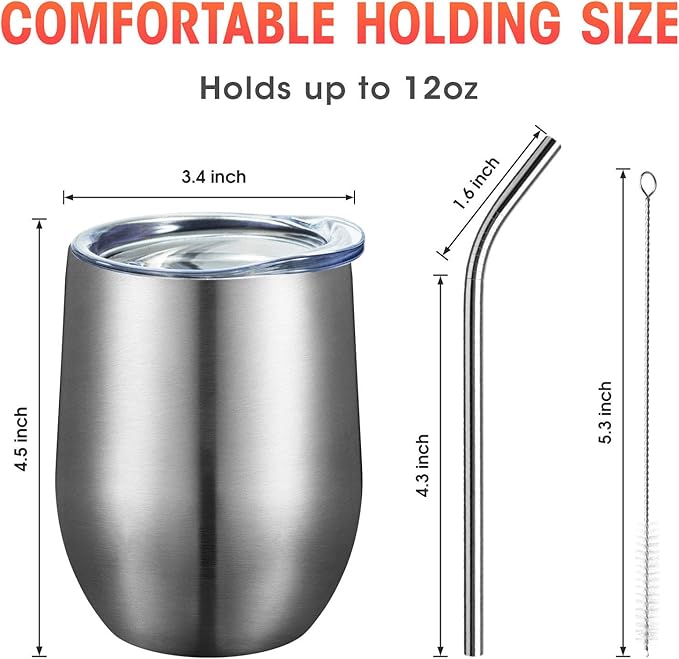 COMOOO 12oz Insulated Wine tumbler with Lid, Stainless Steel Stemless Wine Tumbler Glass,Double Wall Vacuum Wine Tumbler Cups with Straw for Coffee, Cocktails,Beer,Champaign Silver, 12 pack