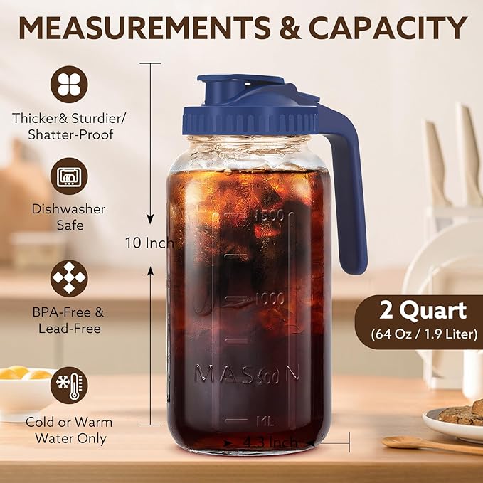 Mihlapi Glass Pitcher with Lid, 64 OZ Mason Jar Pitcher Double Leak Proof, 2 Quart Breast Milk Storage Containers for Fridge, Wide Mouth Glass Jar for Sun Tea, Juice, Cold Brew Coffee