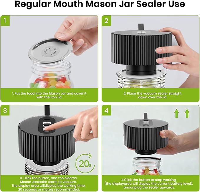 Electric Mason Jar Vacuum Sealer Kit, One-Touch Electric Sealing， for Wide-Mouth Regular-Mouth Mason Jars, Portable Vacuum Sealer for Jars, Gifts for Mom, Grandma(2026 Upgraded)
