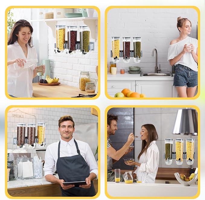 Triple Food Dispenser - 3 Set Easy To Use Dry Food Dispenser for Candy, Nuts, Rice, Granola, Cereal - Dispensing 1 Oz Per Twist And Preserving Freshness For Fun, Easy Serving.5.4 L (Each Set)(Gray)