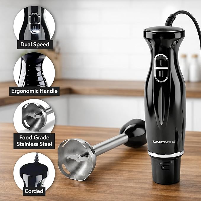 OVENTE Immersion Hand Blender, 300W Electric Handheld Stick Mixer with 2 Mixing Speeds and Stainless Steel Blades for Smoothies, Purees & Baby Food, Black HS560B