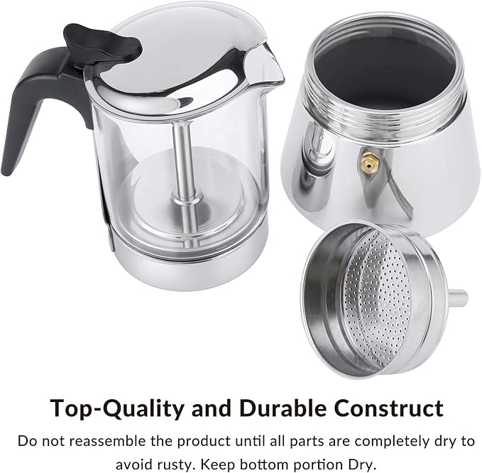 Geesta Premium Crystal Glass-Top Stovetop Espresso Moka Pot - 4/6/ 9 Cups - Stainless Steel Coffee Maker- 160ml/5.6oz/4 cup (espresso cup=40ml)