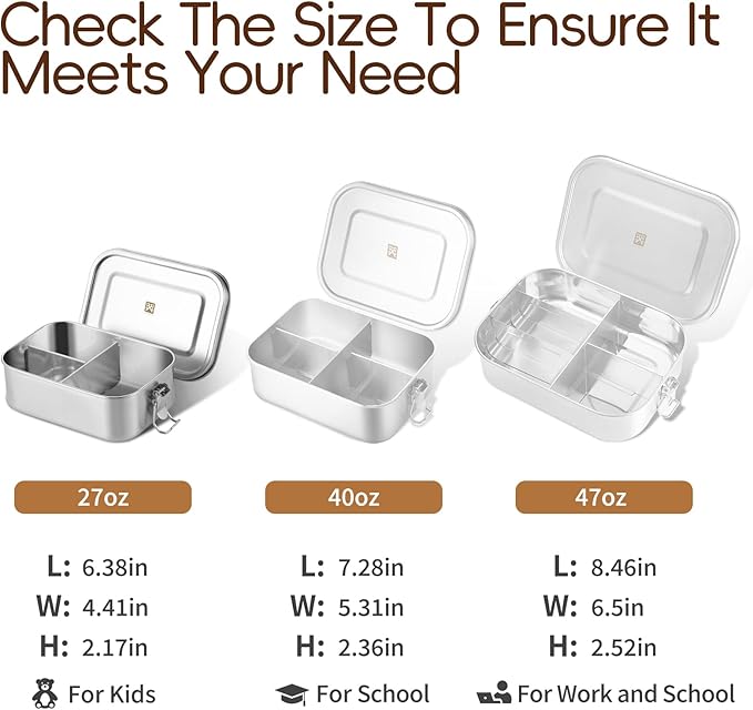 GOLDEN KEY Stainless Steel Bento Box for Kids - 27oz/0.8L, BPA Free Leakproof Lunch Box with 3 Compartments, for School & Eating Out, Freezer & Dishwasher Safe(Green)