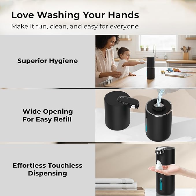 Automatic Touchless Foam Soap Dispenser (Black, 12.8oz) | USB-C Rechargeable, Infrared Sensor, IPX5 Waterproof for Bathroom, Sinks, Kitchen | Wall Mount or Countertop for Hand Soap