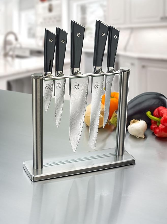 Mercer Culinary Premium Grade Super Steel 6-Piece Knife Set with Glass Block Stand, G10 Handles