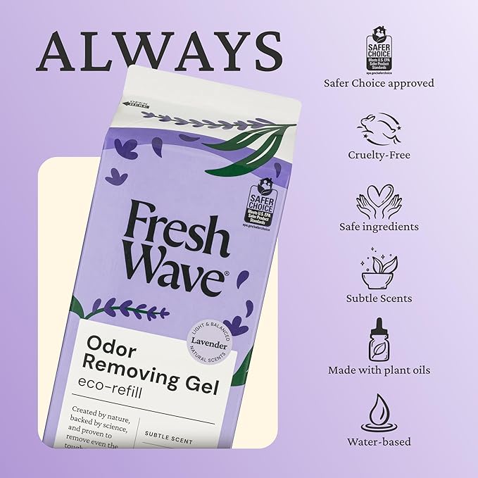 Fresh Wave Odor Removing Gel Eco-Refill, 63 oz. Lavender Scent | 4 Empty Refillable Glass Jars | 4 Room Set