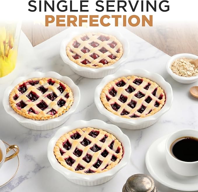 Aunt Shannon's Kitchen White Ceramic Mini Pie Pans - Set of 4 - Small 5.5 Inch Pie Pans with Classic Fluted Rims - Individual Pot Pie Pans for Pot Pies, Quiches, Puddings - Pot Pie Baking Dishes