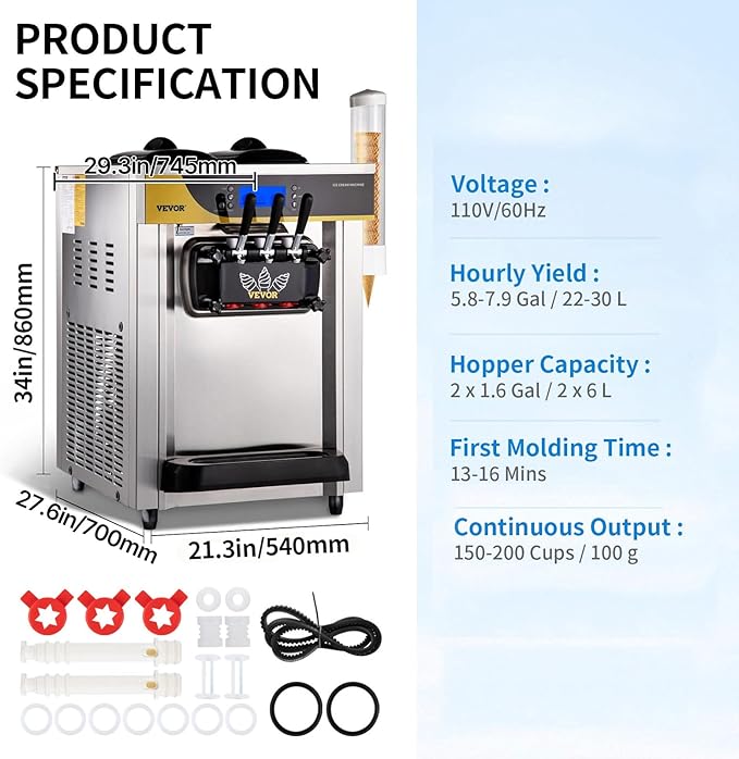 VEVOR Commercial Ice Cream Maker, 22-30L/H Yield, Countertop Soft Serve Machine with 2x6L Hopper 2L Cylinder LCD Panel Puffing Shortage Alarm, Frozen Yogurt Maker for Restaurant Snack Bar, Silve