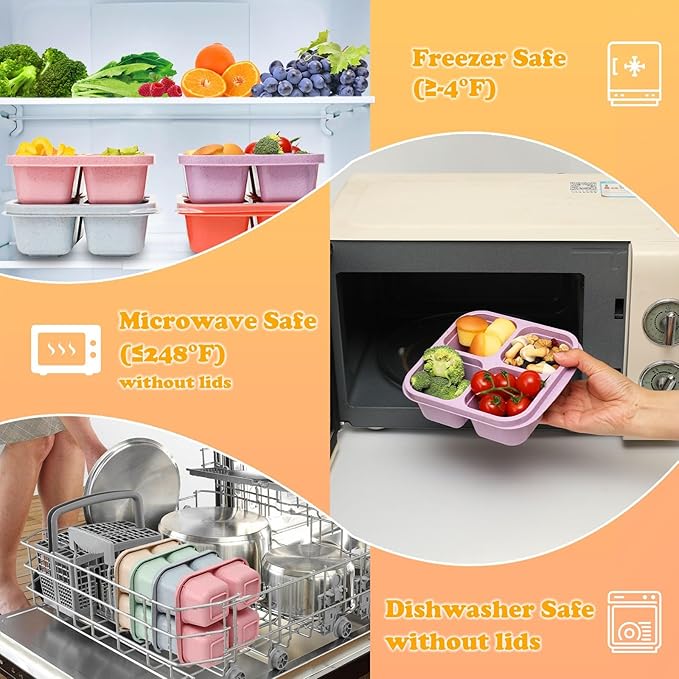 7 Pack Meal Prep Containers, 4 Compartment Bento Snack Boxes, Reusable Divided Lunch Box Containers for Adults, Kids, Toddlers, Travel, Work, School