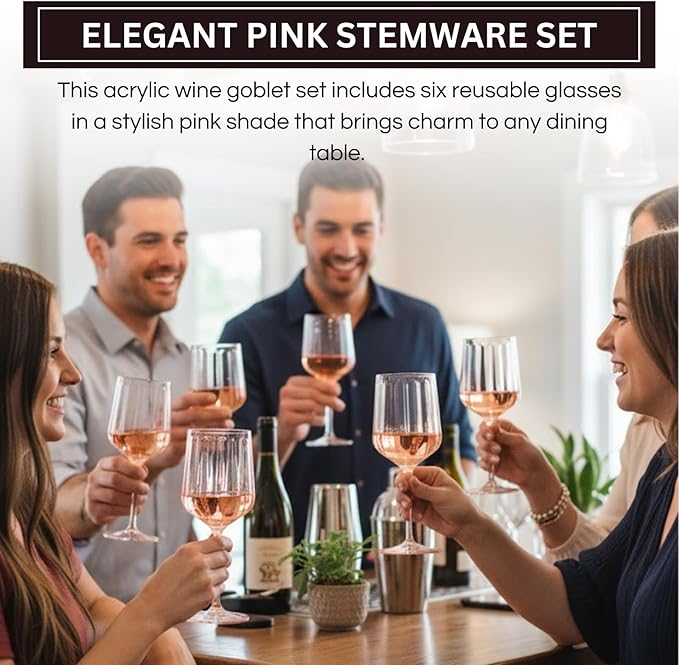 Khen Acrylic Lucia Stemmed Goblets - Unbreakable Wine Glasses Reusable Drinking Cups Dishwasher Safe Elegant Stemware for Cocktail Champagne | Kitchen Bar Party | Set of 6 |14oz | Pink