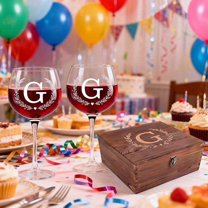 GZLDGIFTS Personalized Initial Wine Glasses Box Gift Set For Women Mom Engraved Birthday Monogrammed Wooden Christmas Gifts Wedding Anniversary Wine Couples Stopper Opener Initial Letterr (G Set)