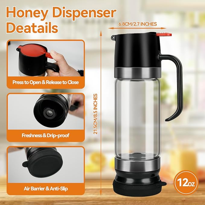 Honey Dispenser No Drip, 12 OZ Syrup Dispenser, Glass Honey Jar with Stand for Coffee, Tea, Pancake, Black