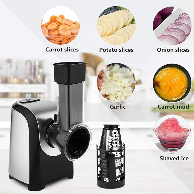 Electric Cheese Grater 150W Salad Maker 5 Different Shapes of Blades for Slicing/Shredding/Grinding, Compact Kitchen Electric Slicer Shredder for Block Cheese, Vegetables, Fruit, Carrots