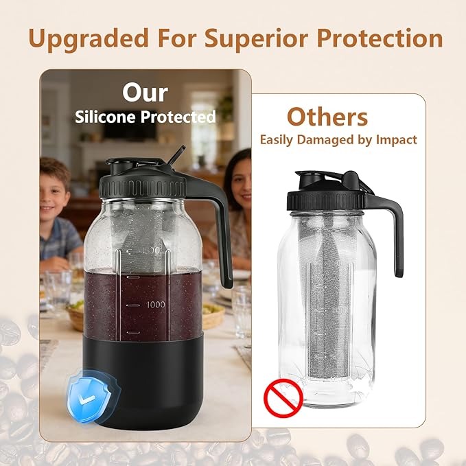 Cold Brew Coffee Maker, 64oz Mason Jar Pitcher with Stainless Steel Filter, Leak-Proof Lid with Pour Spout & Handle, Heavy Duty Glass Iced Coffee Tea Brewer with Protective Silicone Sleeve-Black