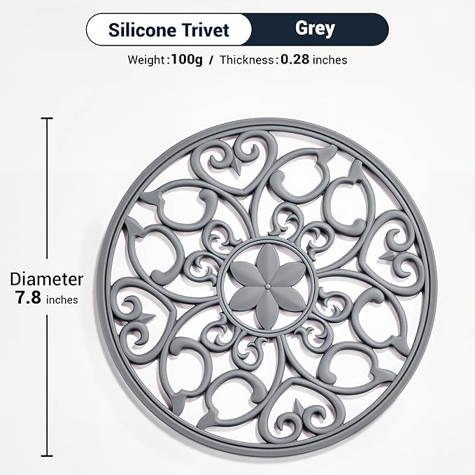 SMARTAKE 6 Set Silicone Trivets, Multi-Use Carved Trivet, Insulated Non-Slip Durable Kitchen Mat, Flexible Modern Kitchen Table Mat, for Hot Dishes, Pots, Dining Countertop, Grey