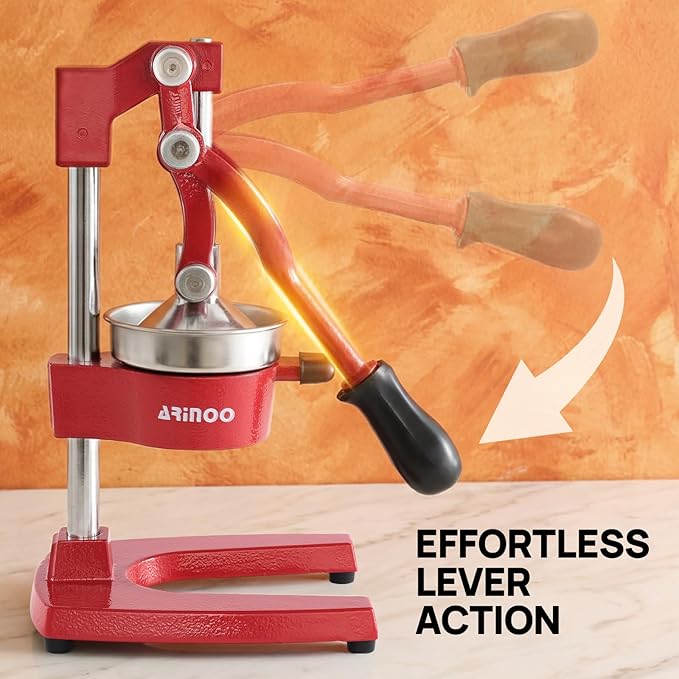 Kitchen Cast Iron Citrus Juicer,Manual Hand Press Orange Juicer,Heavy Duty Countertop Squeezer for Lemon,Orange, Easy to Use & Clean（Red)